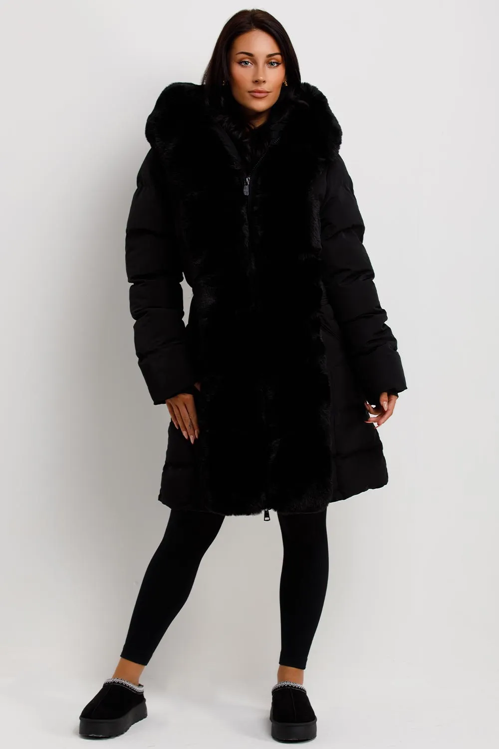 Black Long Puffer Padded Coat With Faux Fur Hood And Trim