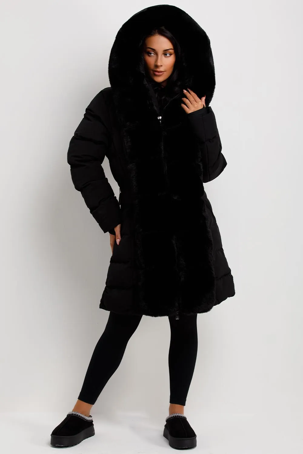 Black Long Puffer Padded Coat With Faux Fur Hood And Trim