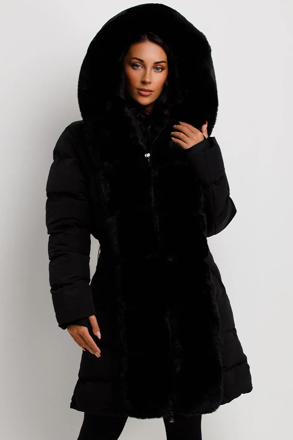 Black Long Puffer Padded Coat With Faux Fur Hood And Trim