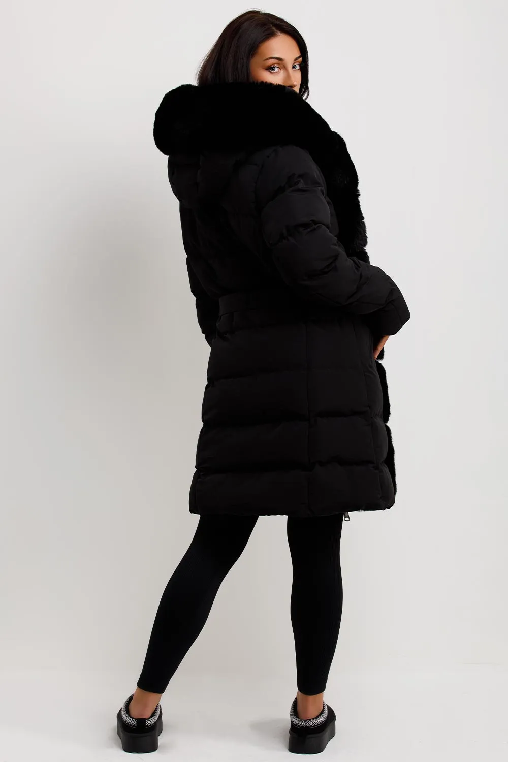 Black Long Puffer Padded Coat With Faux Fur Hood And Trim