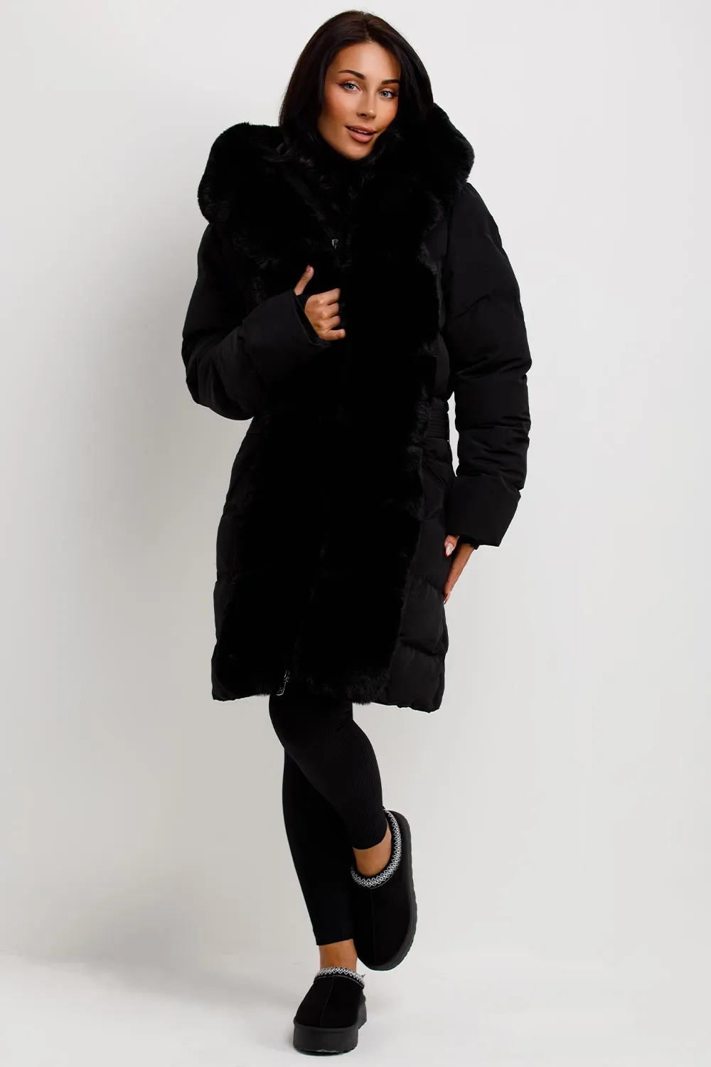 Black Long Puffer Padded Coat With Faux Fur Hood And Trim