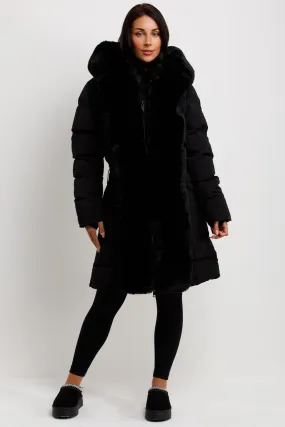 Black Long Puffer Padded Coat With Faux Fur Hood And Trim