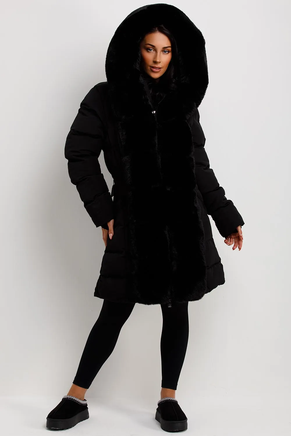 Black Long Puffer Padded Coat With Faux Fur Hood And Trim