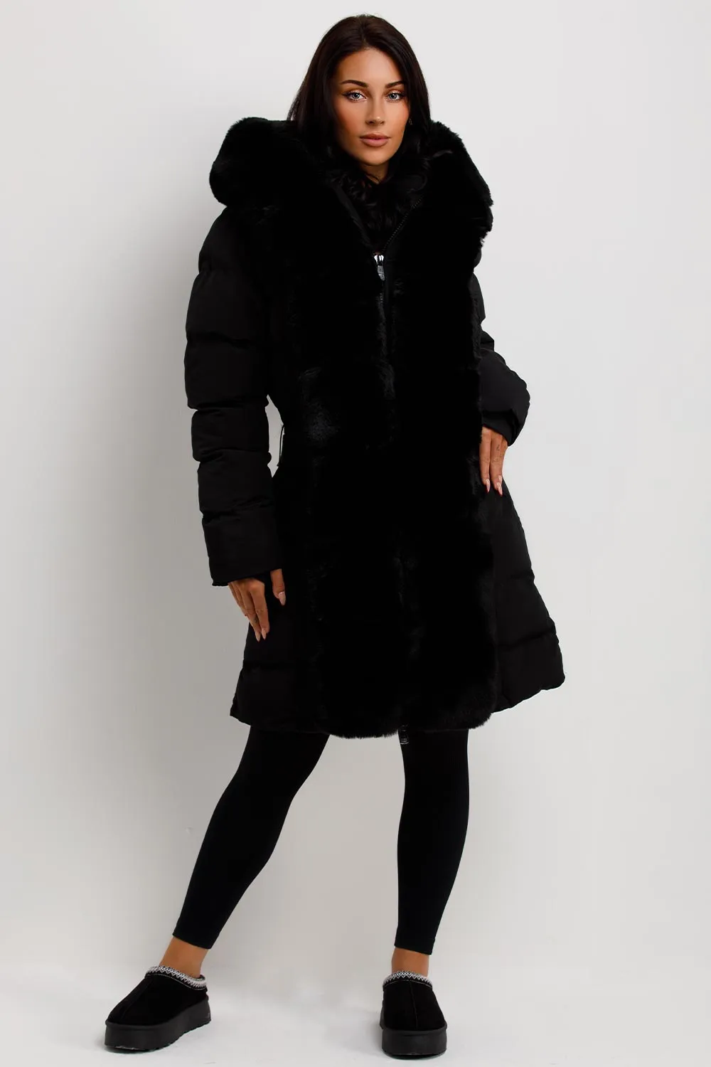 Black Long Puffer Padded Coat With Faux Fur Hood And Trim