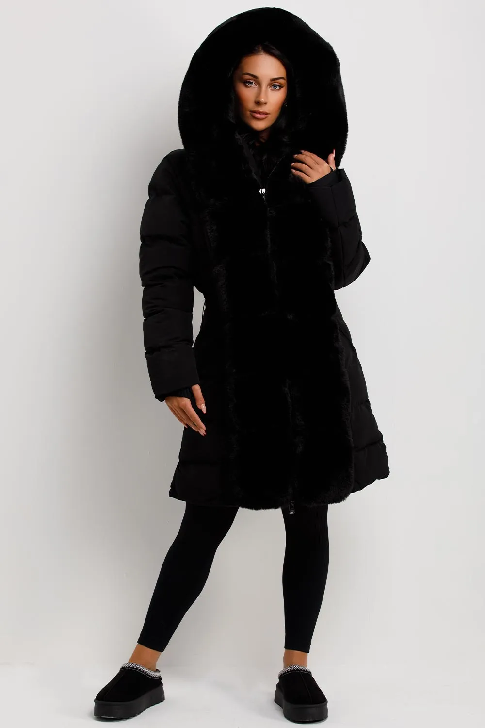 Black Long Puffer Padded Coat With Faux Fur Hood And Trim