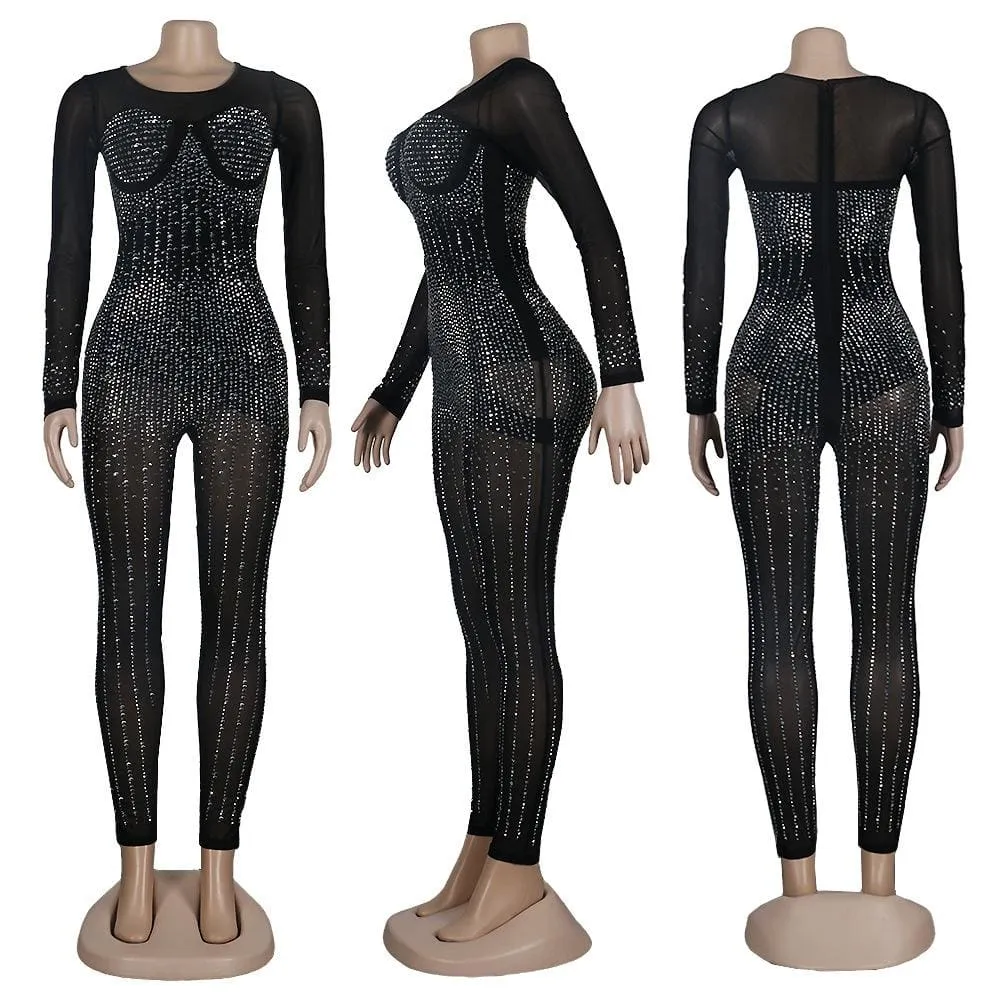 Black Patchwork Hot Drilling See-through Skinny Jumpsuits F3732