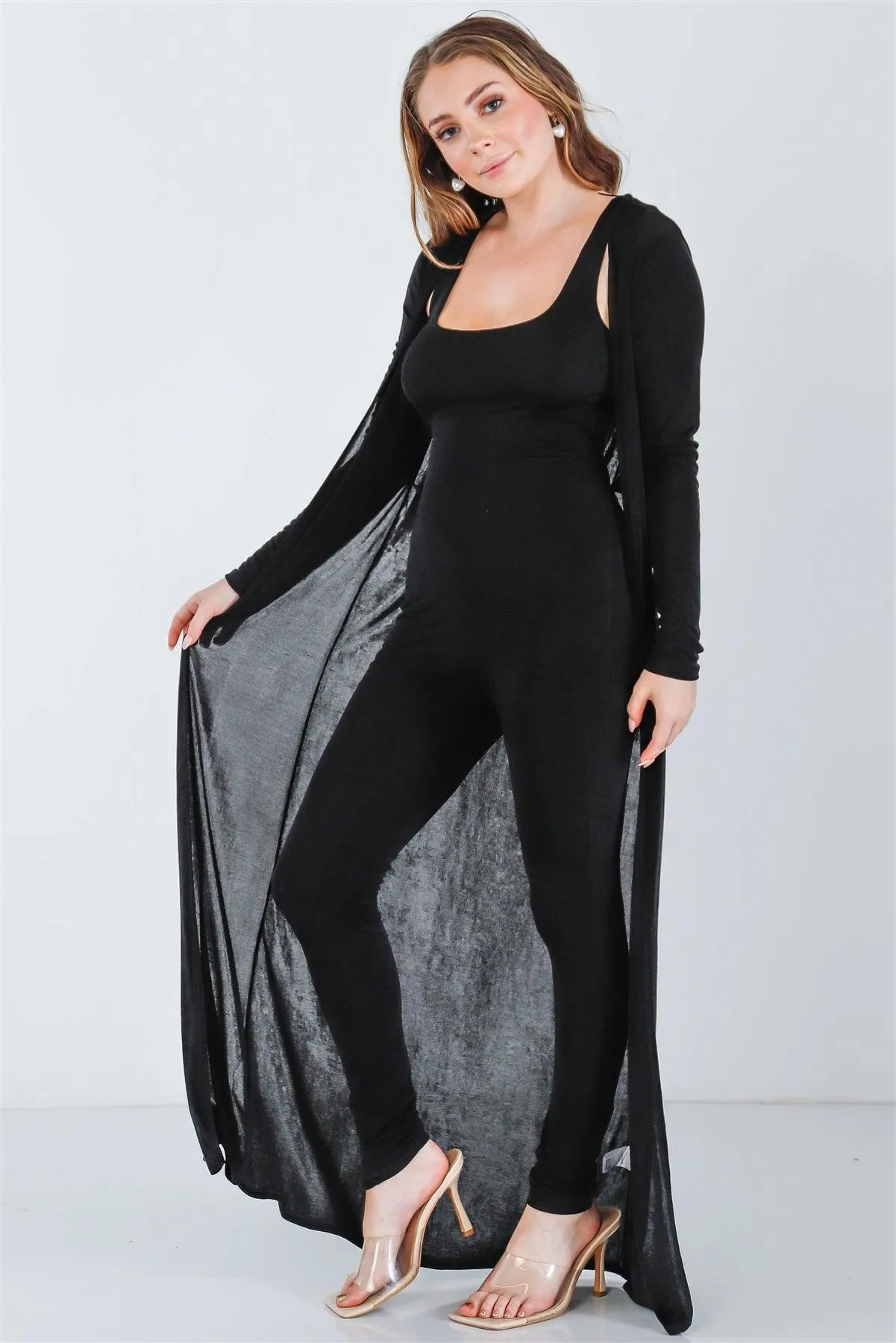 Black Slim Fit Jumpsuit & Long Sleeve Cardigan Set