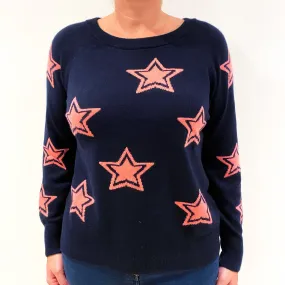 Black with Flamingo Pink Stars Cashmere Crew Neck Jumper Large