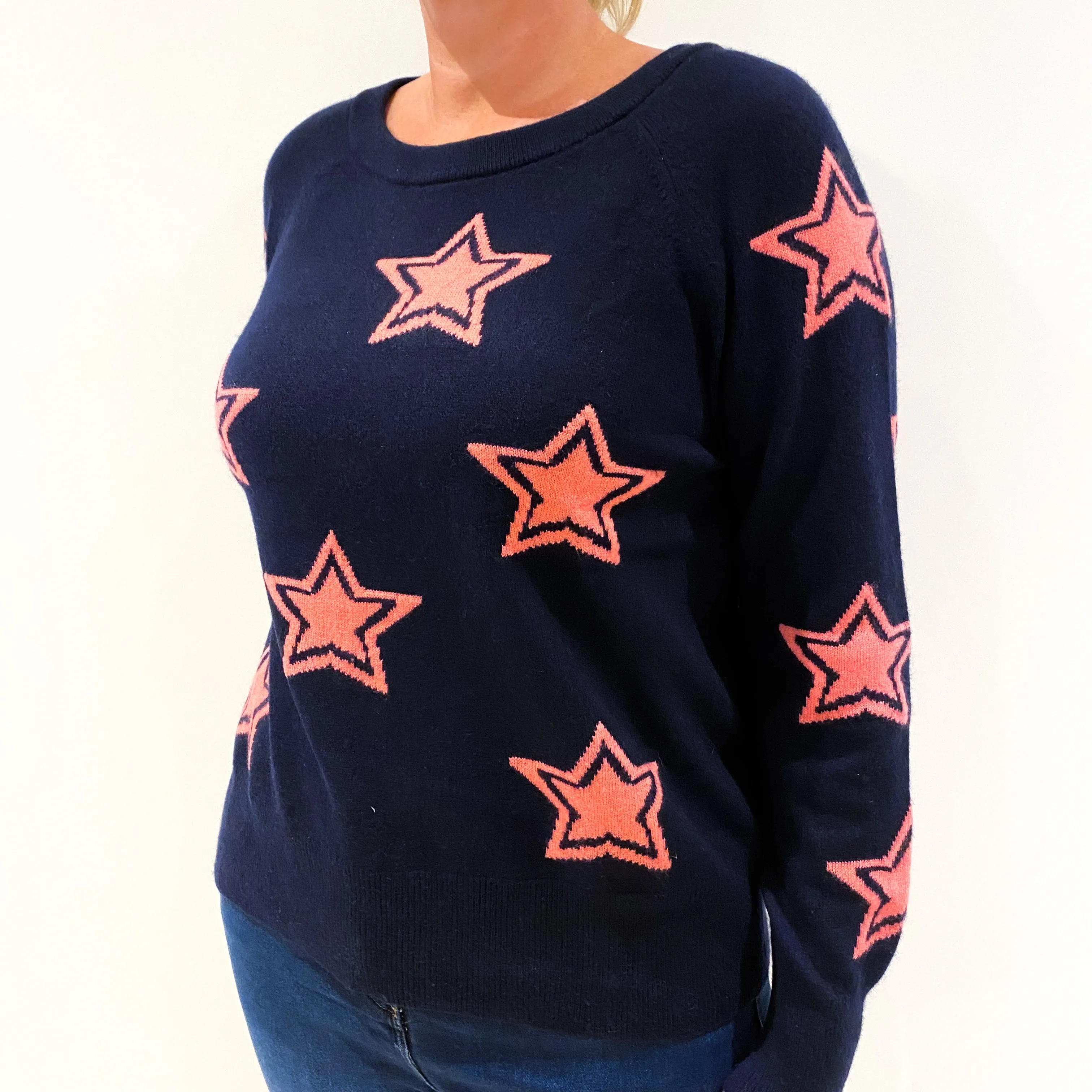 Black with Flamingo Pink Stars Cashmere Crew Neck Jumper Large