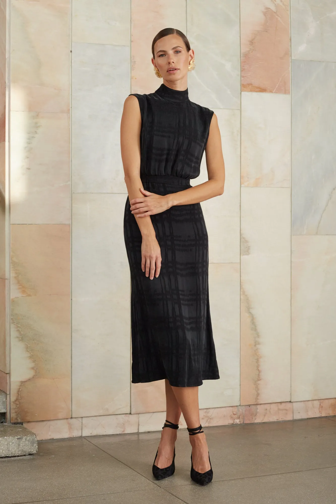 BLANCA black turtleneck midi dress