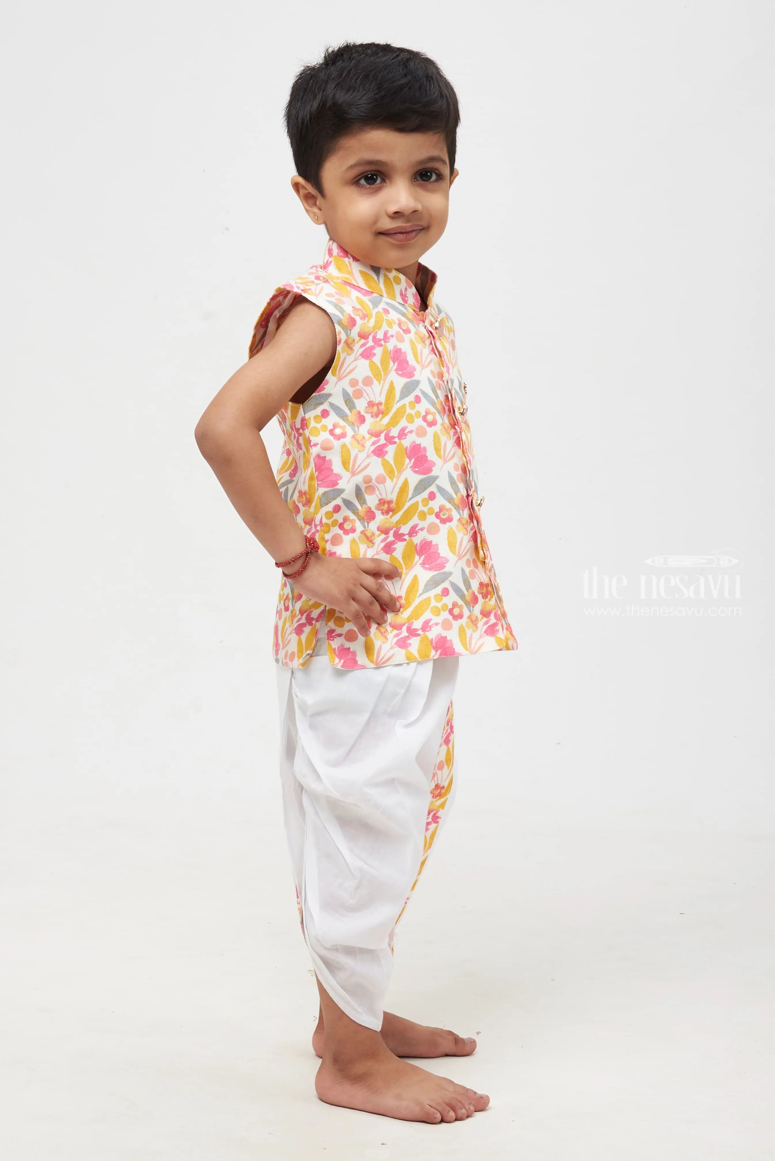 Blossom Delight: Vibrant Floral Printed Kurta Shirt with White Dhoti Set for Boys