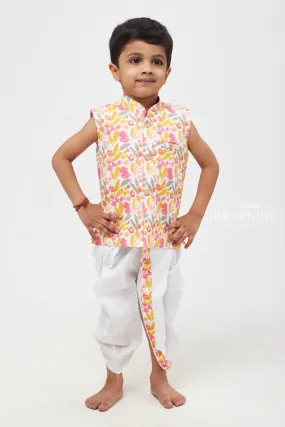 Blossom Delight: Vibrant Floral Printed Kurta Shirt with White Dhoti Set for Boys