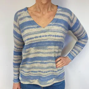 Blue and Grey Stripe Cashmere V-Neck Jumper Medium