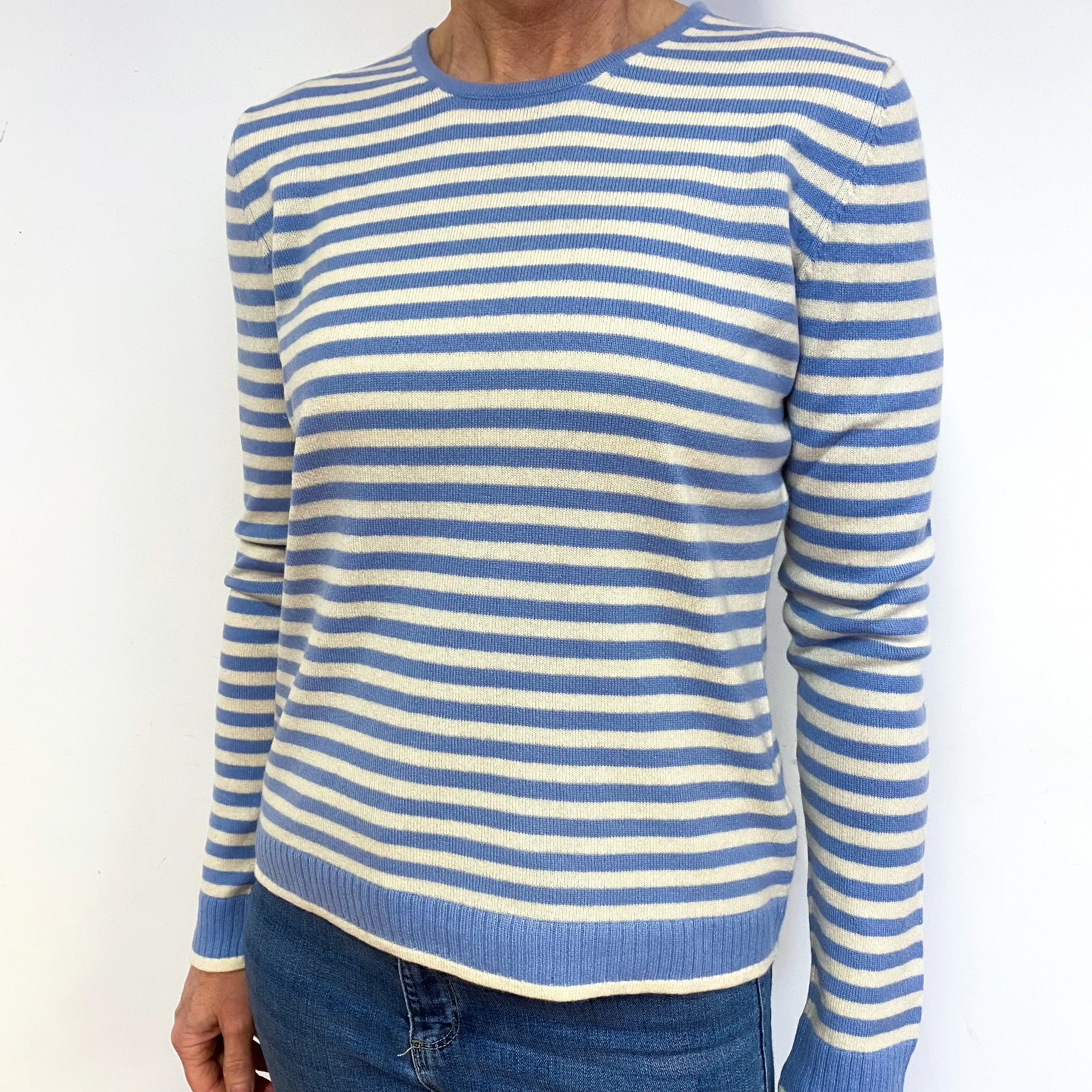 Blue Cream Stripe Cashmere Crew Neck Jumper Medium