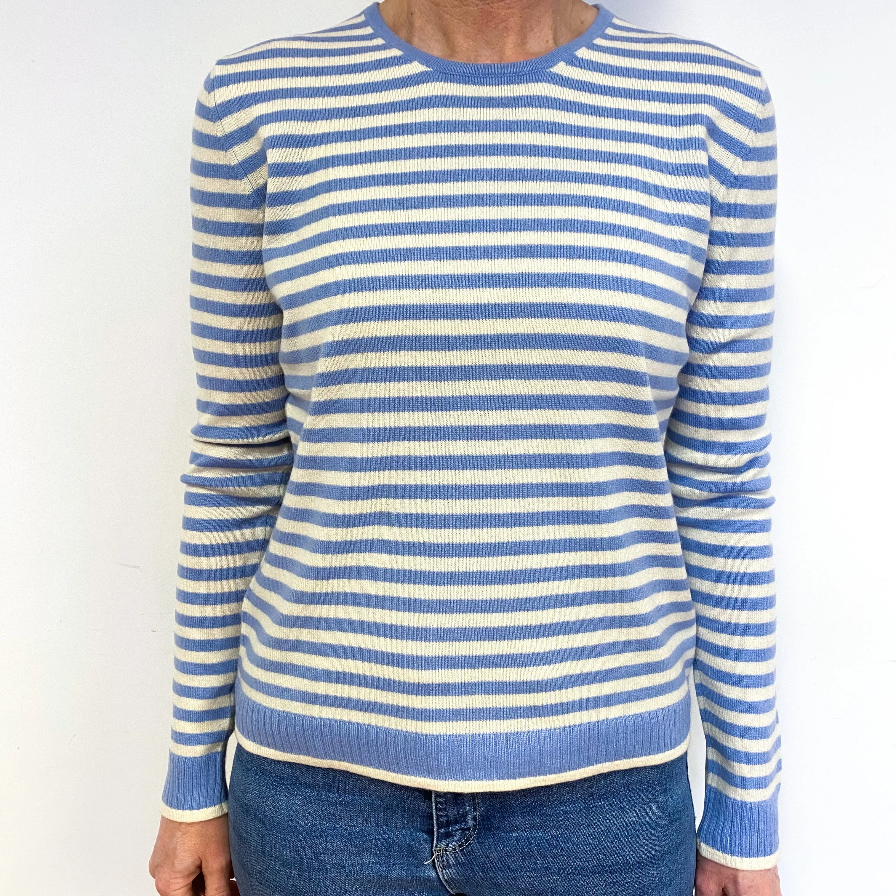 Blue Cream Stripe Cashmere Crew Neck Jumper Medium