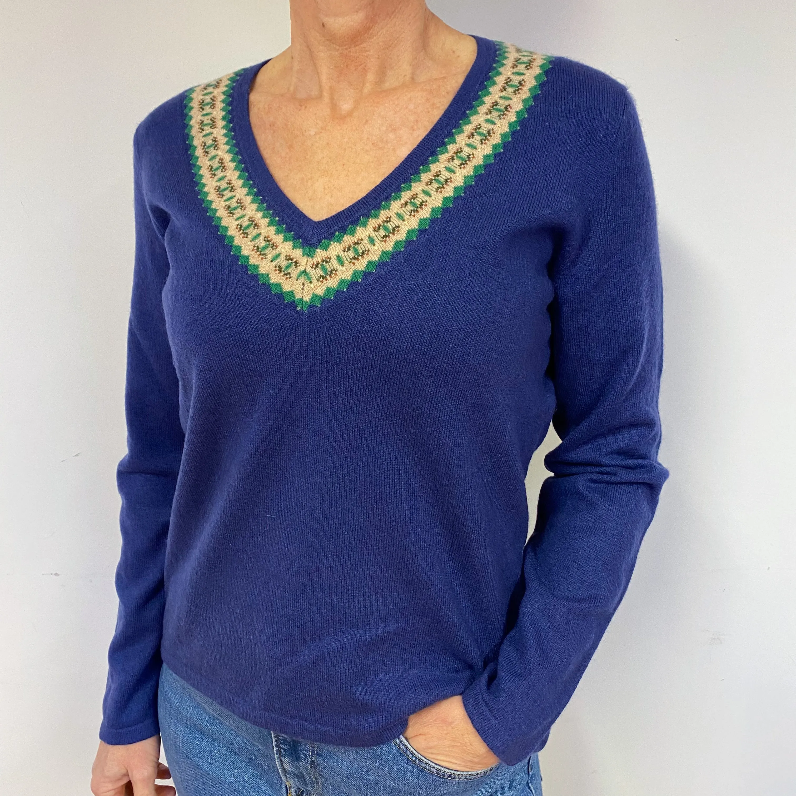 Blue Fair Isle Cashmere V-Neck Jumper Medium