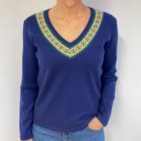 Blue Fair Isle Cashmere V-Neck Jumper Medium