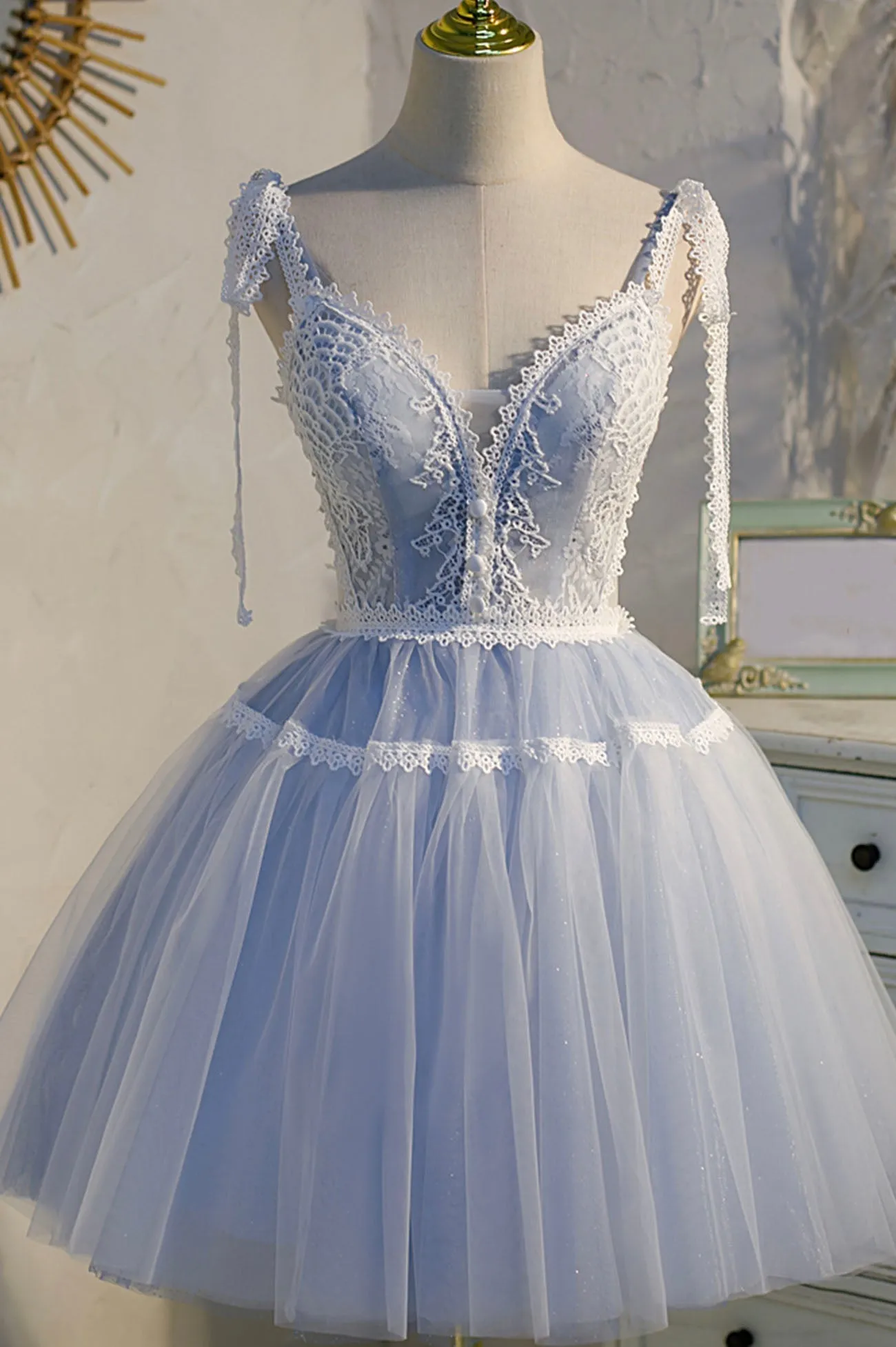 Blue Lace Short A-Line Prom Dress, Cute Spaghetti Strap Party Dress