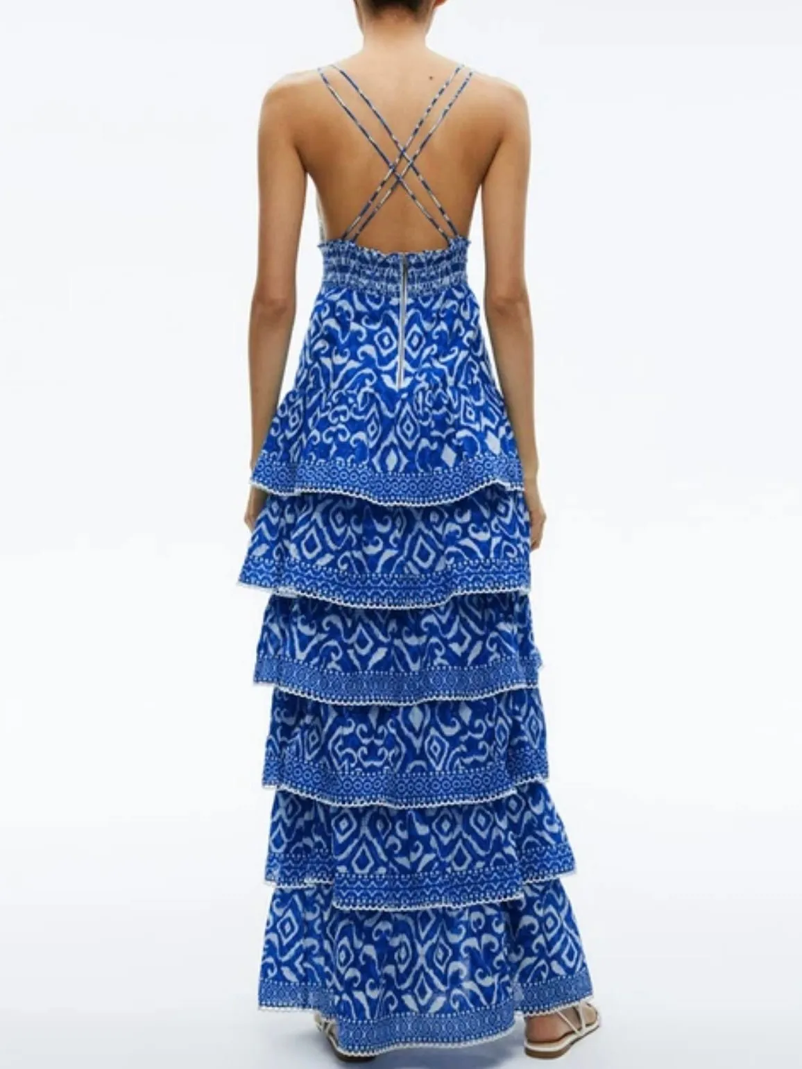 Blue printed layered ruffled maxi dress