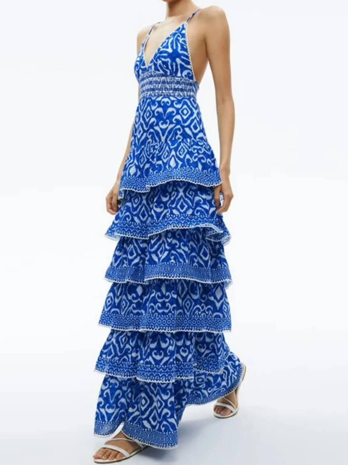 Blue printed layered ruffled maxi dress