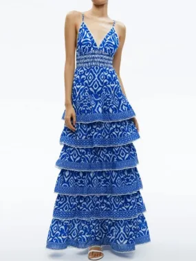 Blue printed layered ruffled maxi dress