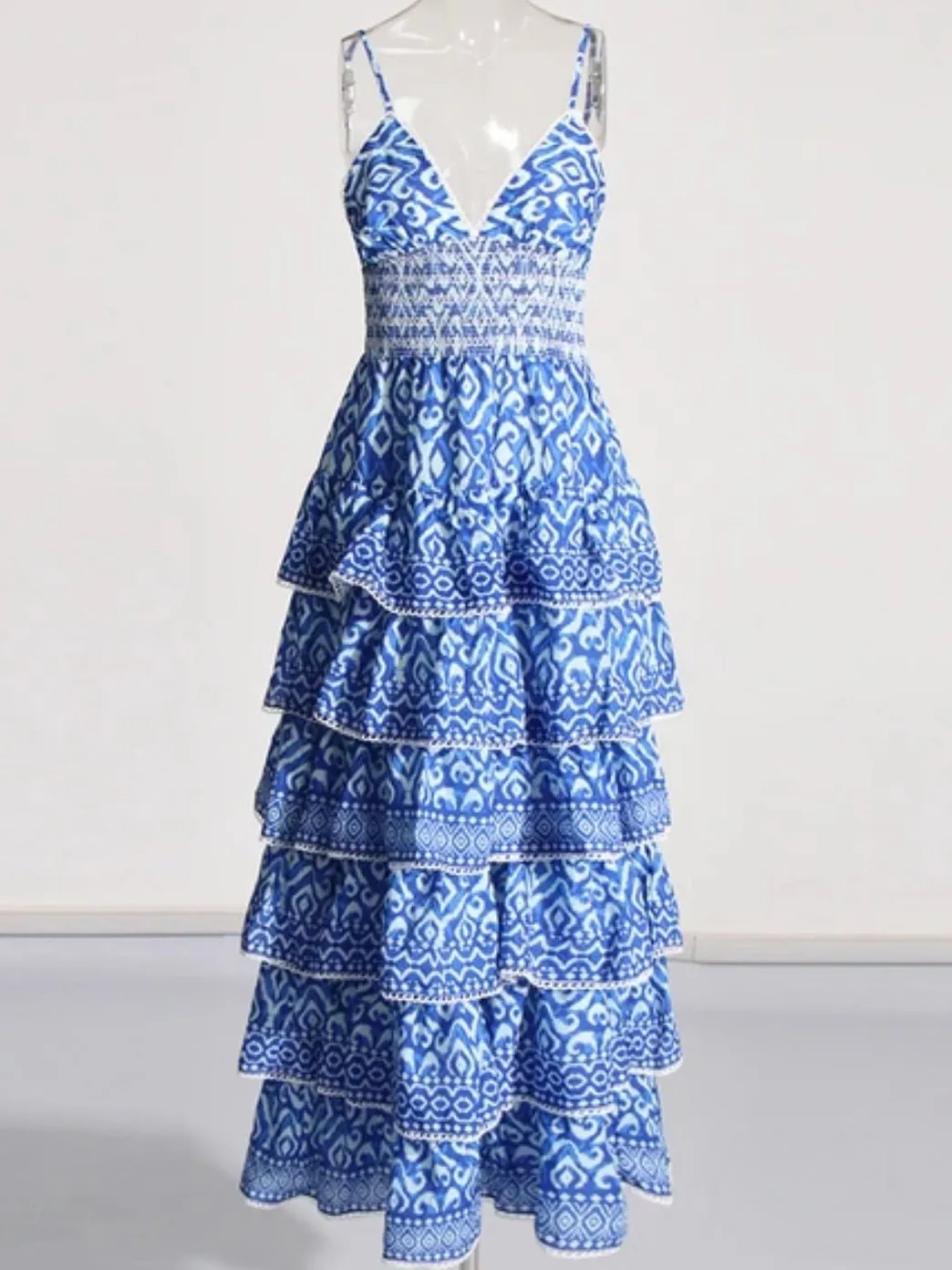 Blue printed layered ruffled maxi dress