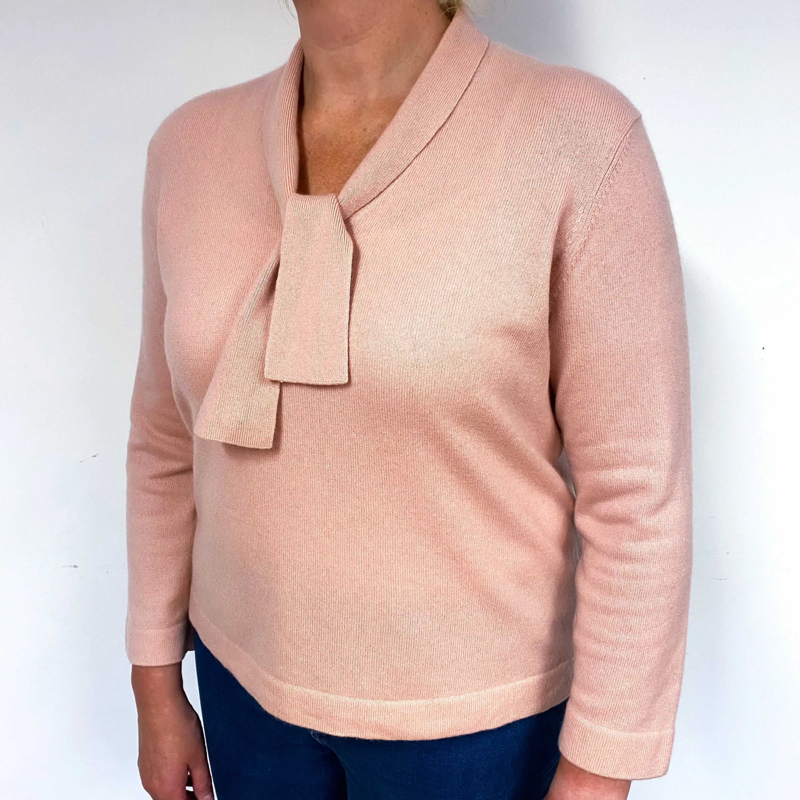 Blush Pink Neck Tie Cashmere V-Neck Jumper Large