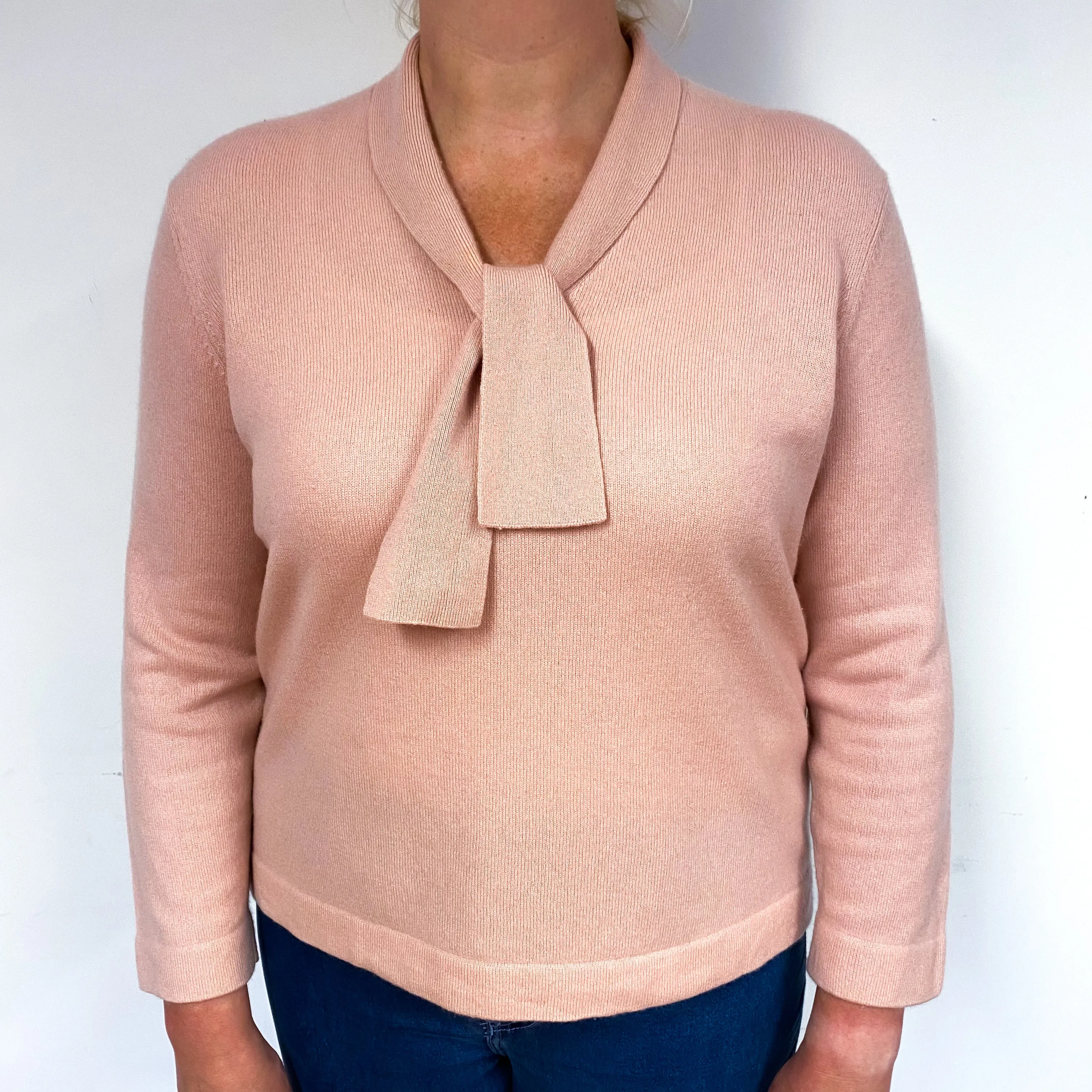 Blush Pink Neck Tie Cashmere V-Neck Jumper Large