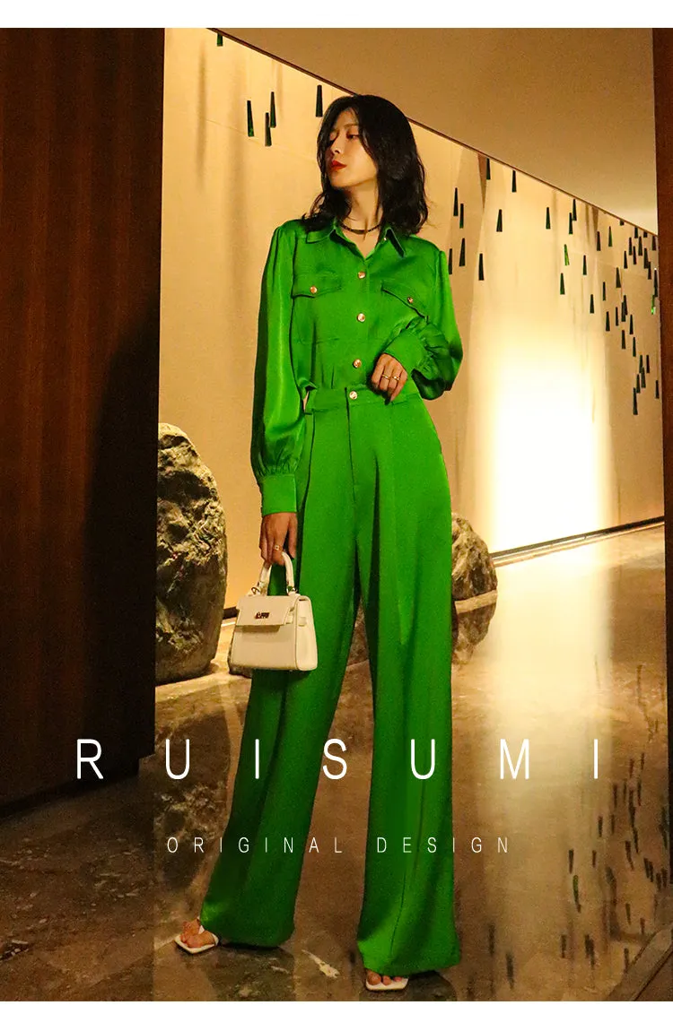 Bright Green gorgeous long sleeve with satin jumpsuit- Dilia