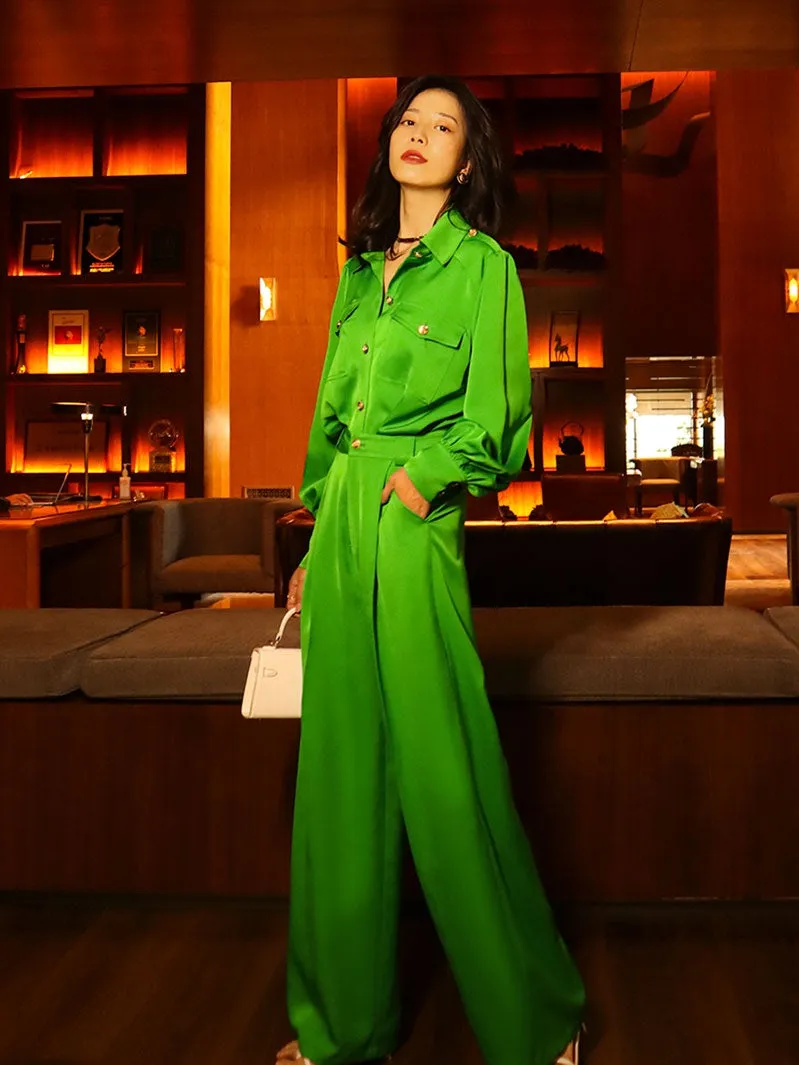 Bright Green gorgeous long sleeve with satin jumpsuit- Dilia