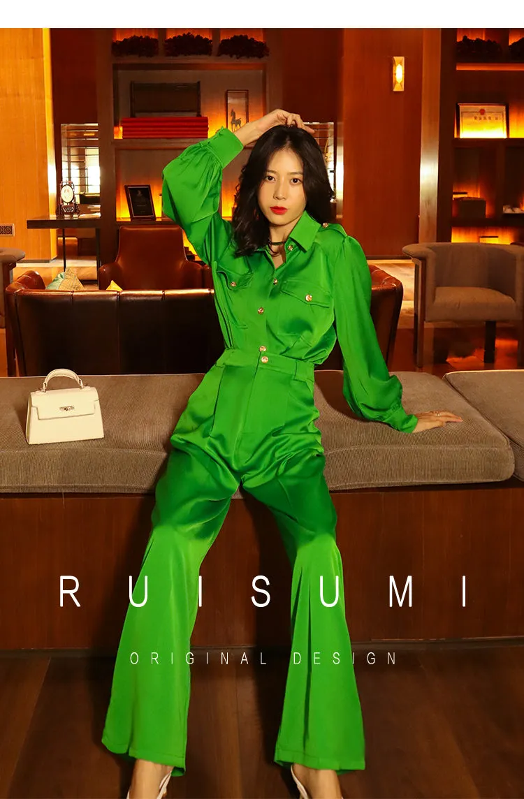 Bright Green gorgeous long sleeve with satin jumpsuit- Dilia