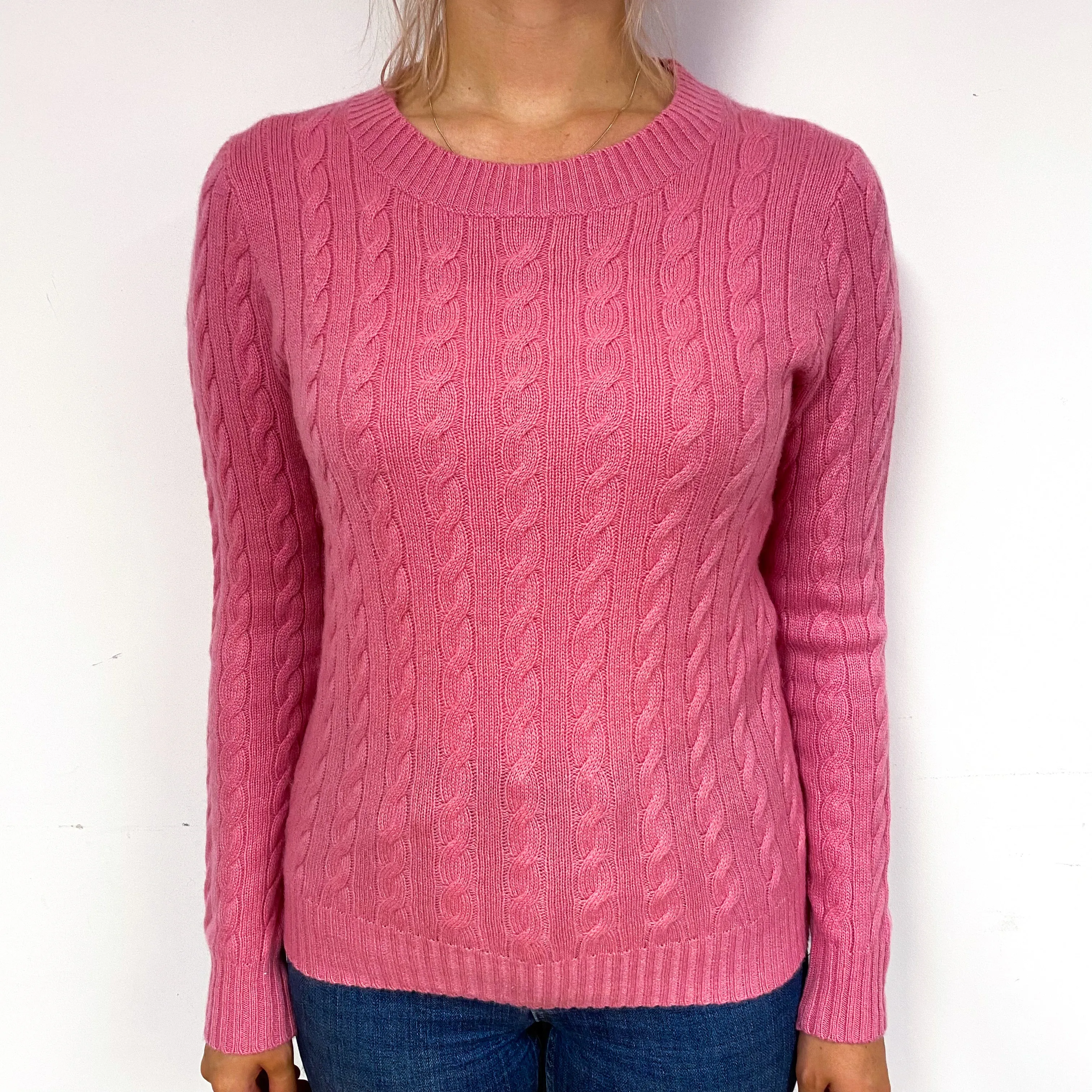 Bubblegum Pink Cable Cashmere Crew Neck Jumper Small