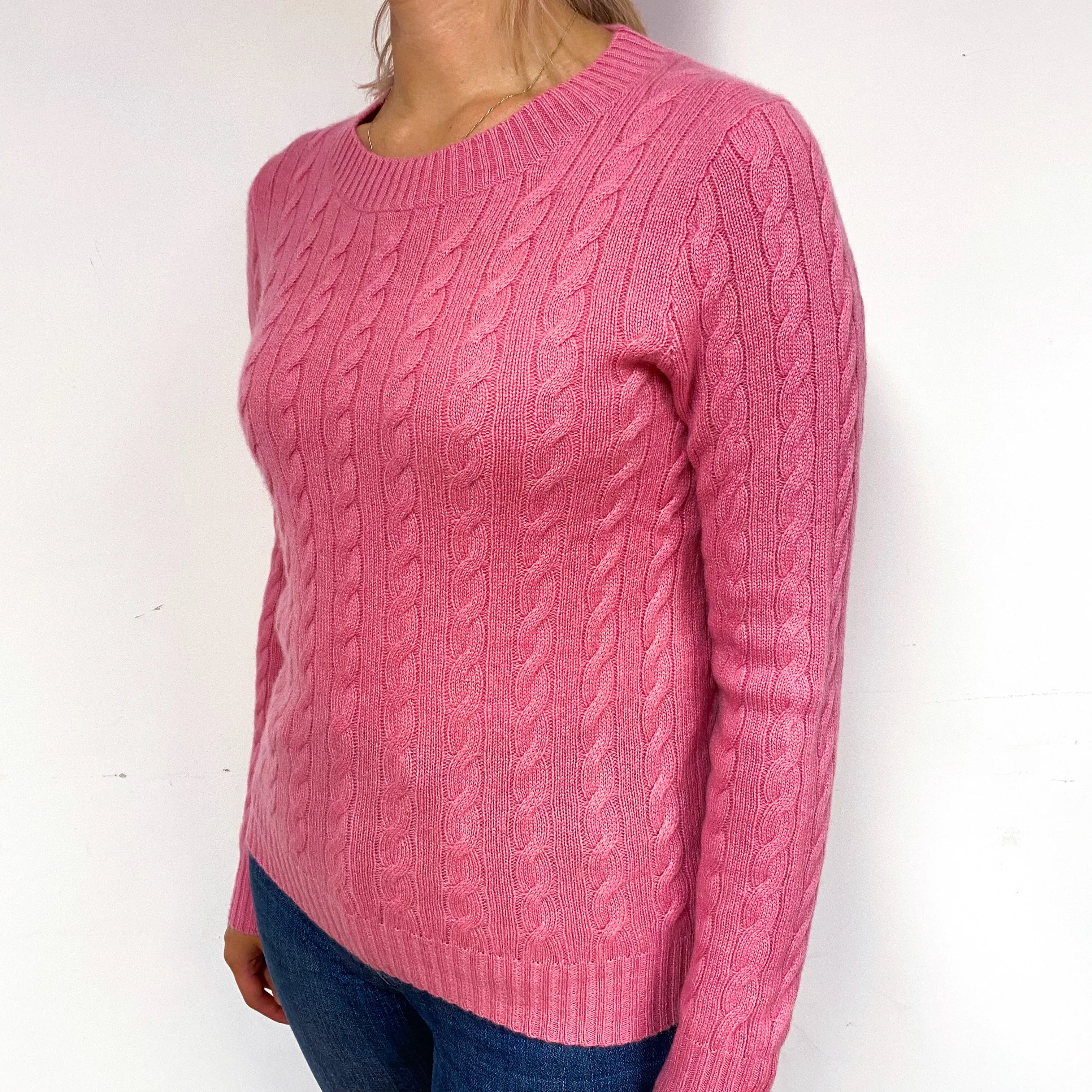 Bubblegum Pink Cable Cashmere Crew Neck Jumper Small