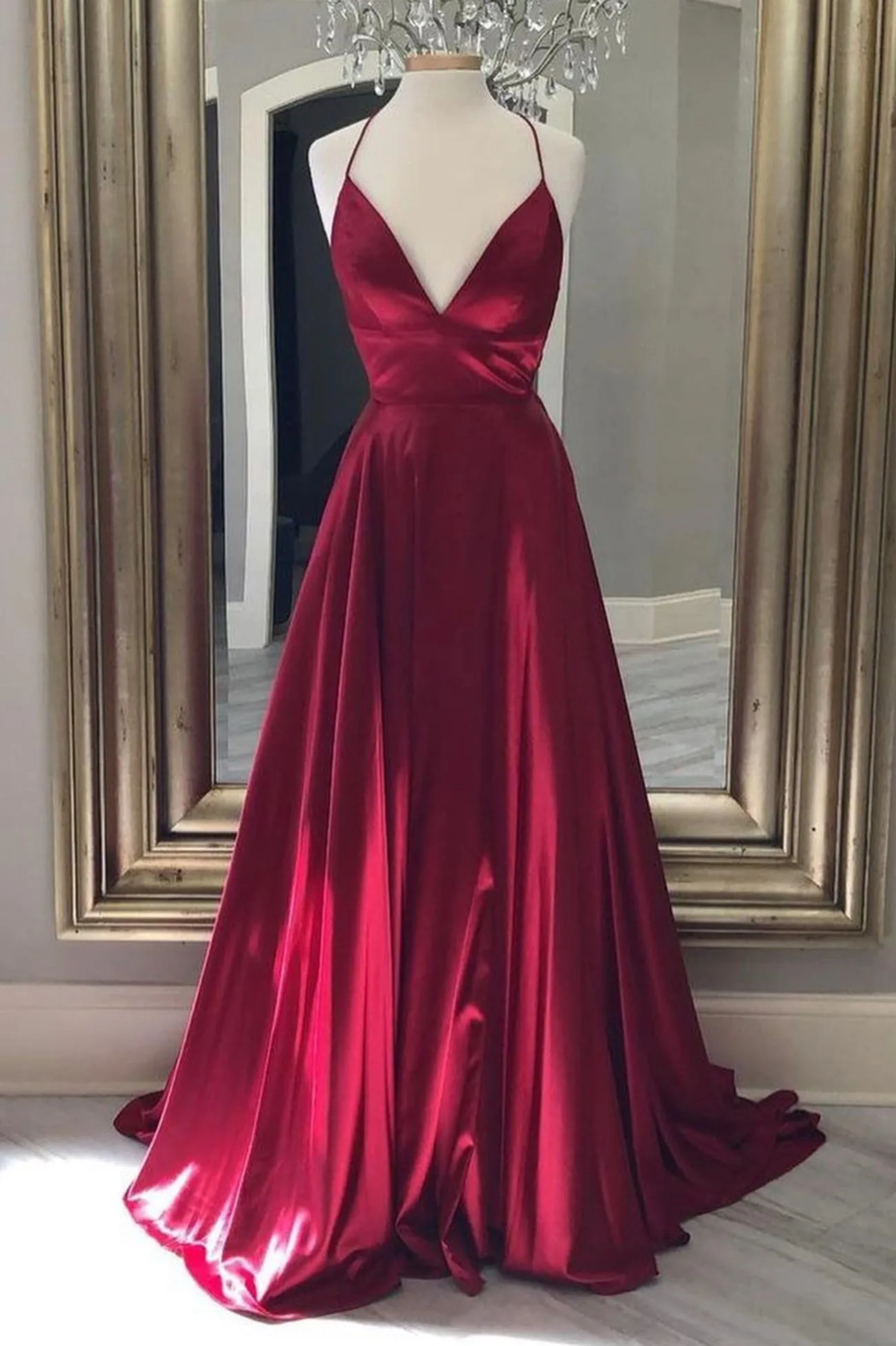 Burgundy Satin Long Prom Dresses, Simple A-Line Backless Evening Dresses