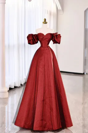 Burgundy Satin Tulle Long Prom Dress, Off the Shoulder Evening Dress