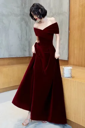 Burgundy Velvet V-Neck Long Prom Dress, A-Line Off Shoulder Party Dress