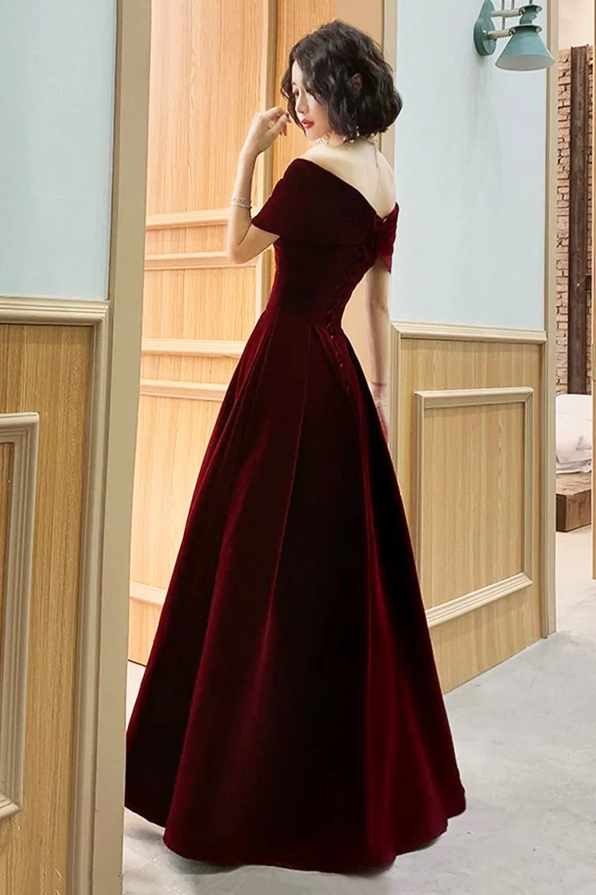 Burgundy Velvet V-Neck Long Prom Dress, A-Line Off Shoulder Party Dress