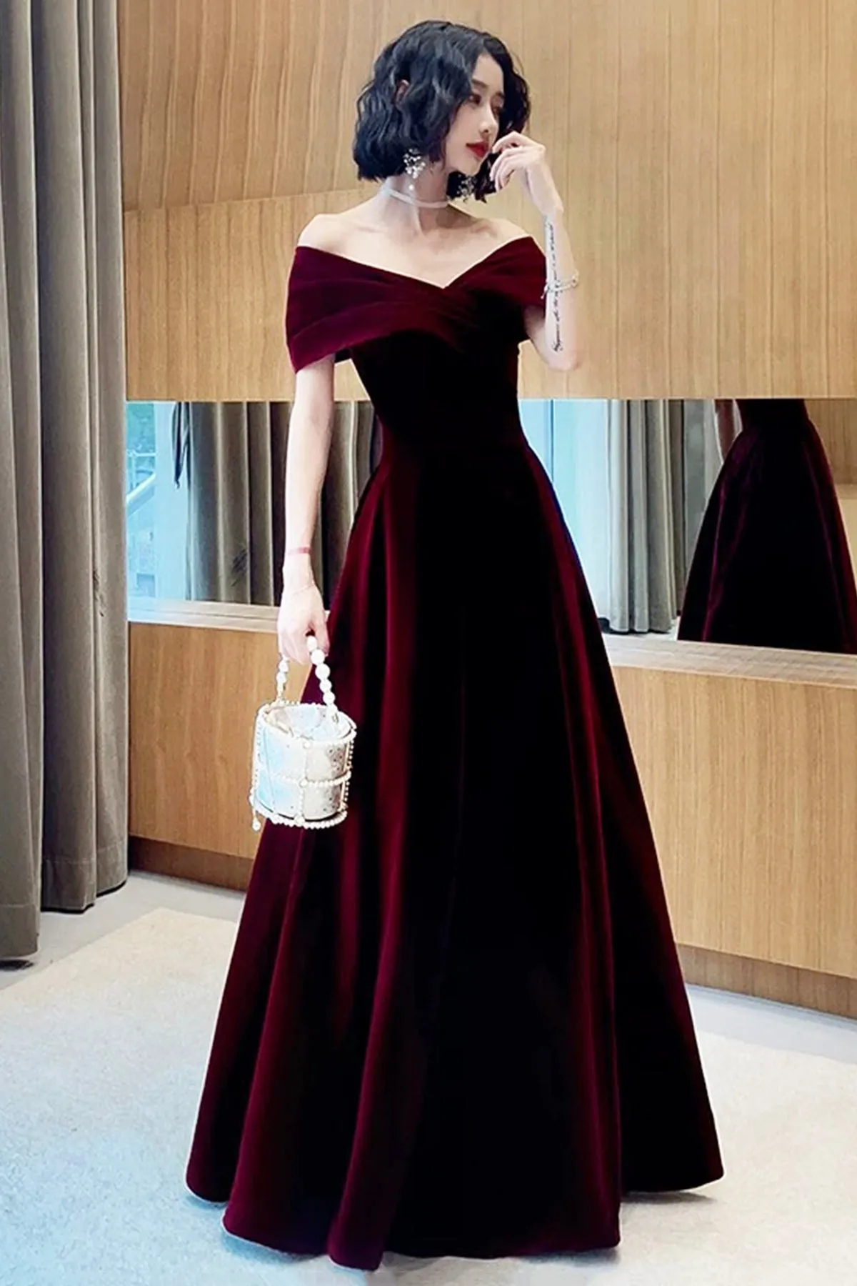 Burgundy Velvet V-Neck Long Prom Dress, A-Line Off Shoulder Party Dress