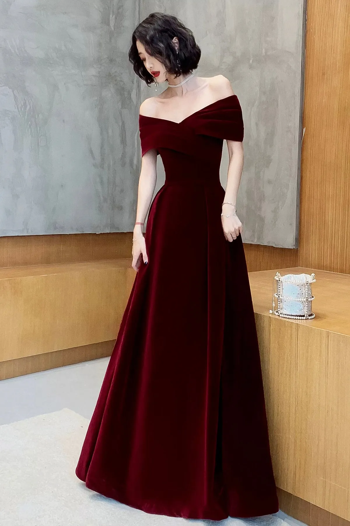 Burgundy Velvet V-Neck Long Prom Dress, A-Line Off Shoulder Party Dress