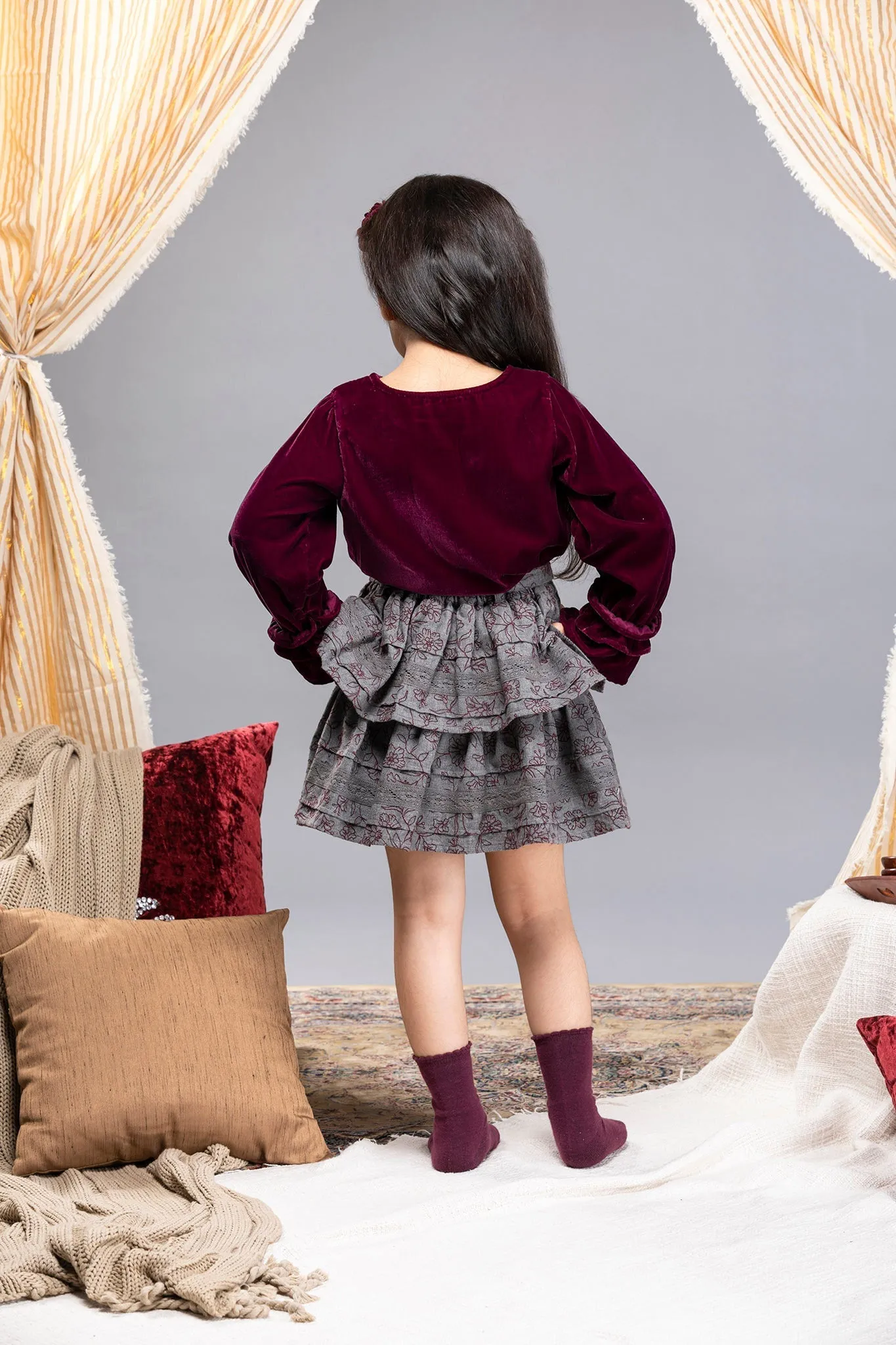 Camila Double Layered Cotton Melange Girls Skirt - Wine Bouquet