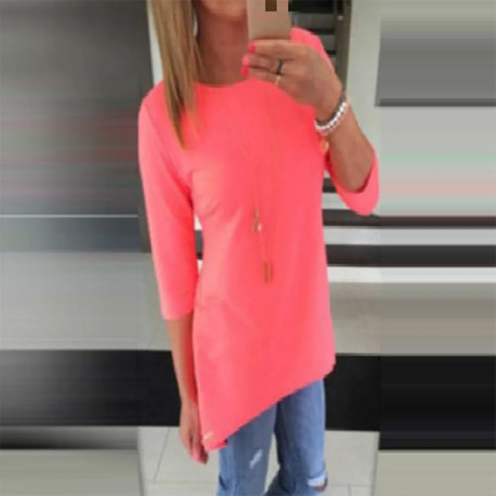 Candy Color 3/4 Sleeve Scoop Irregular T-shirt