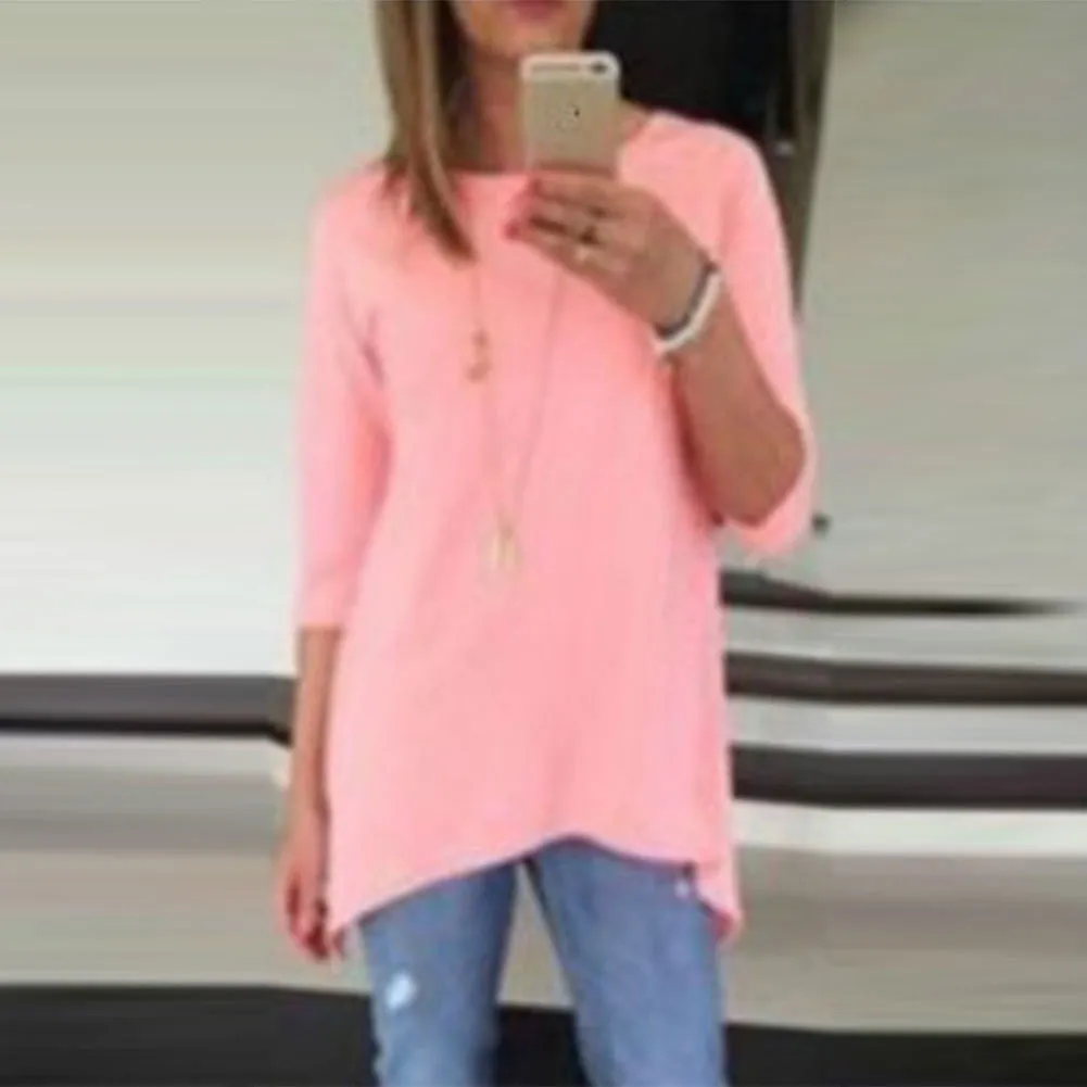 Candy Color 3/4 Sleeve Scoop Irregular T-shirt