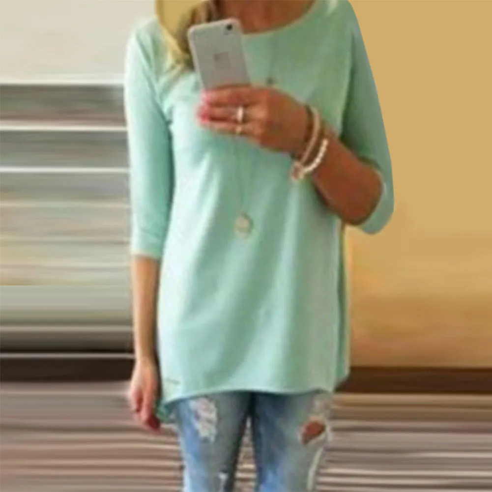 Candy Color 3/4 Sleeve Scoop Irregular T-shirt