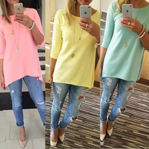 Candy Color 3/4 Sleeve Scoop Irregular T-shirt