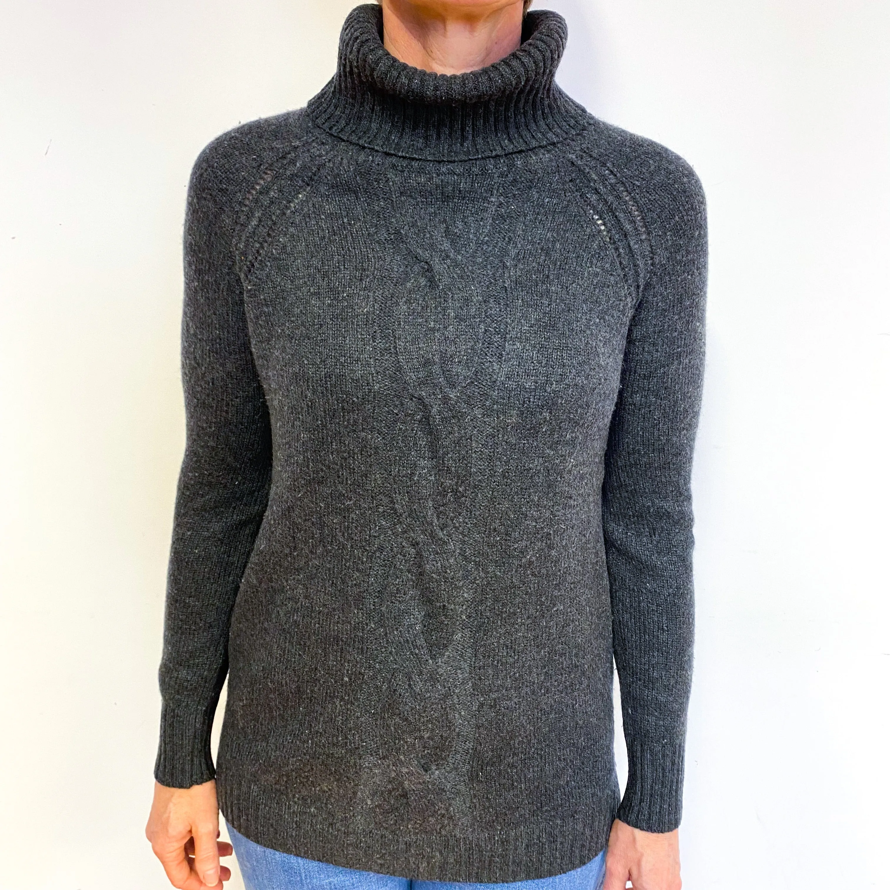 Charcoal Grey Chunky Cashmere Polo Neck Jumper Medium