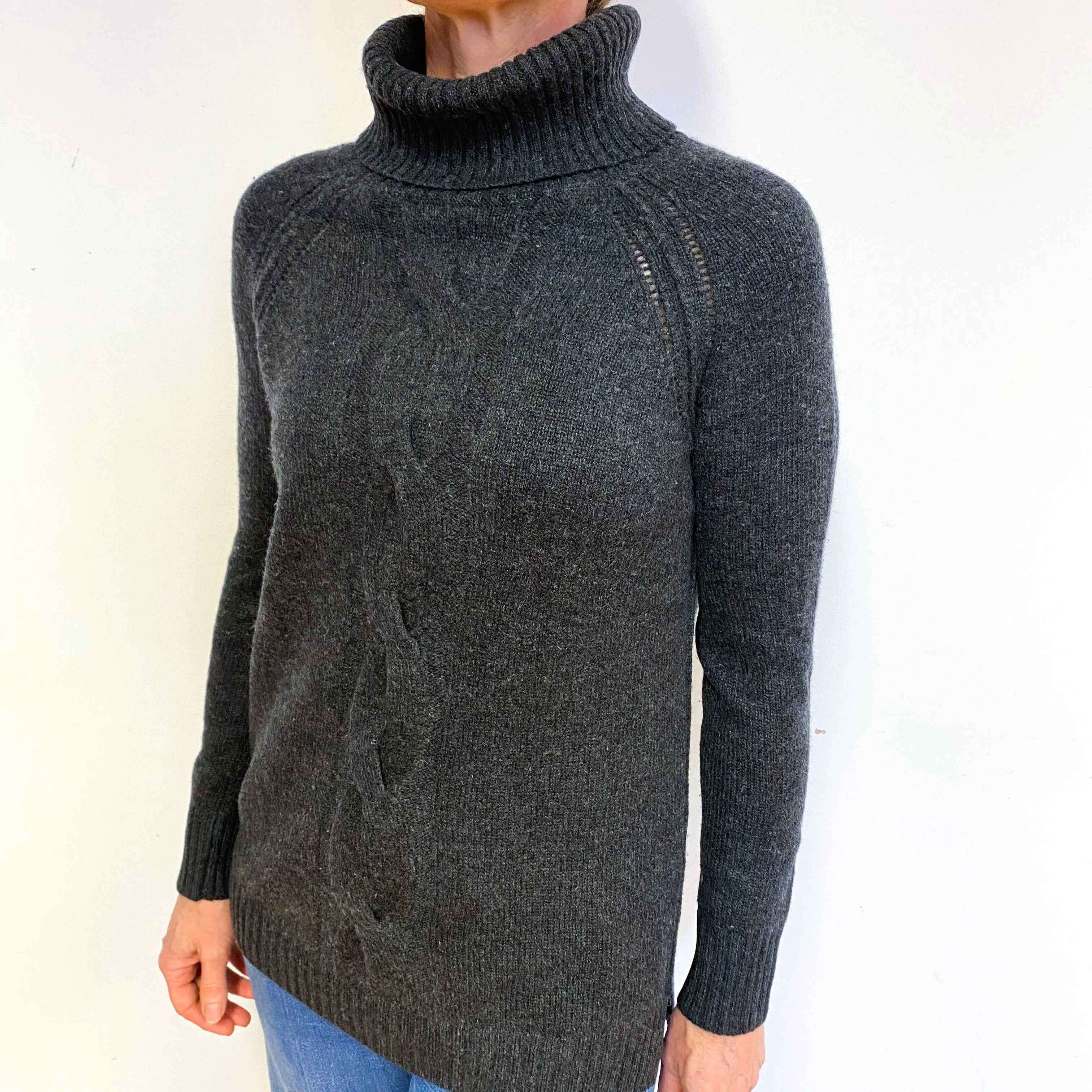 Charcoal Grey Chunky Cashmere Polo Neck Jumper Medium