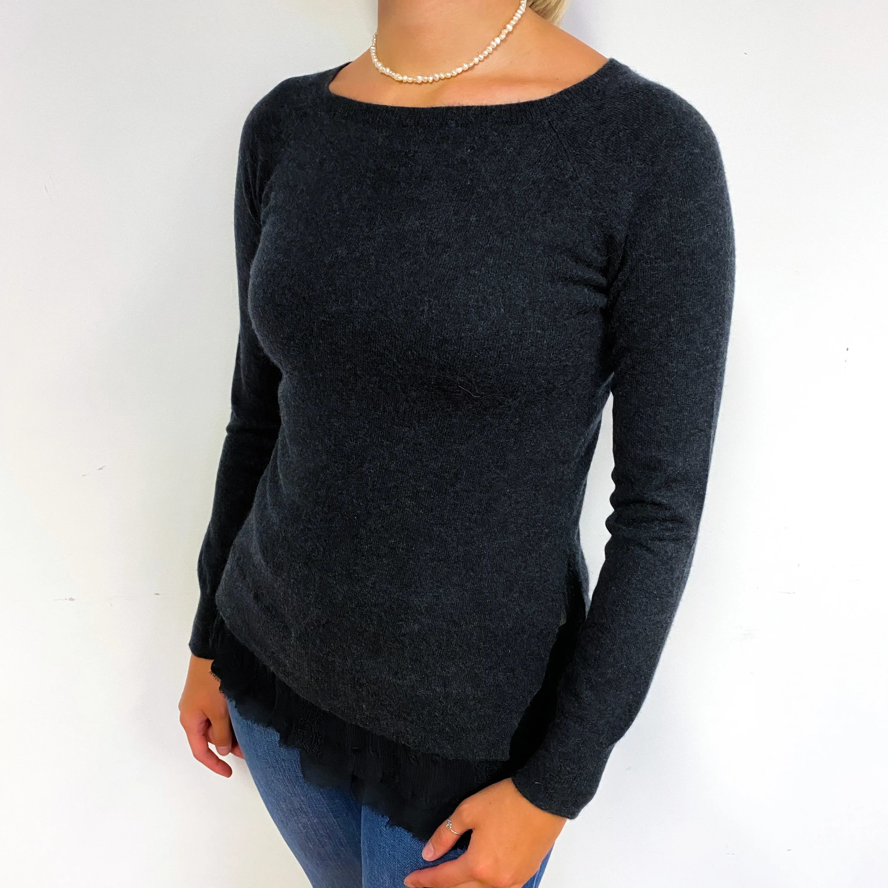 Charcoal Grey Lace Trimmed Cashmere Crew Neck Jumper Small