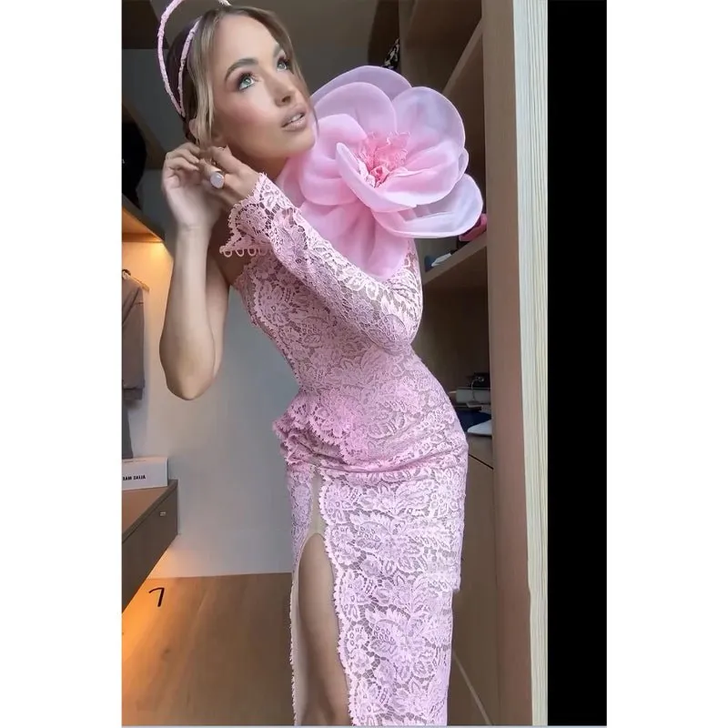 Chic One Shoulder Pink Lace Long Sleeves Floral Prom Dress Evening Gown