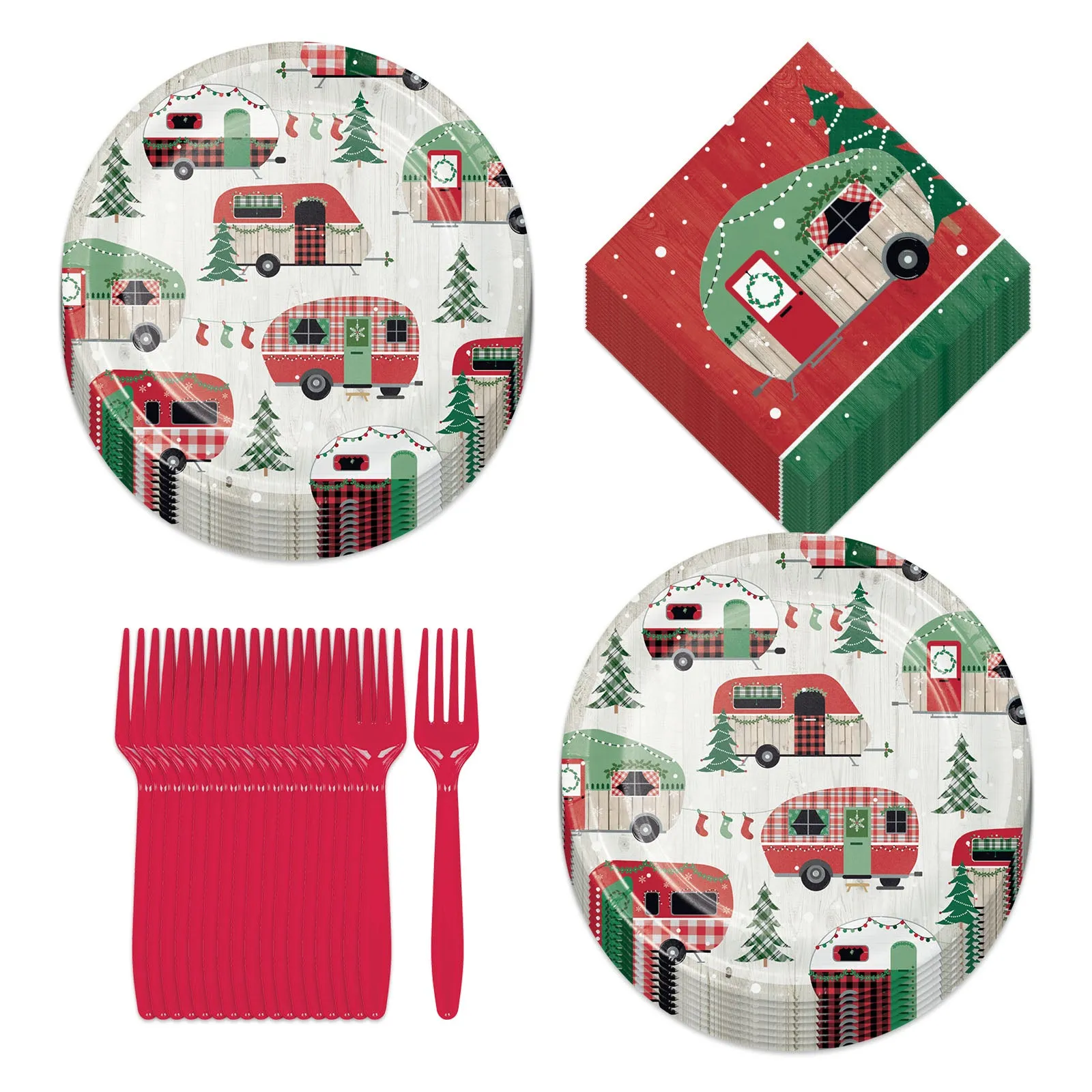 Christmas Camper Holiday Van Paper Dessert Plates, Beverage Napkins, and Forks (Serves 16)