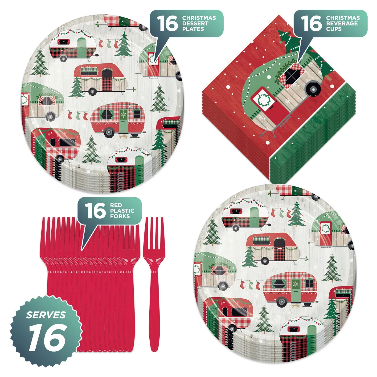 Christmas Camper Holiday Van Paper Dessert Plates, Beverage Napkins, and Forks (Serves 16)